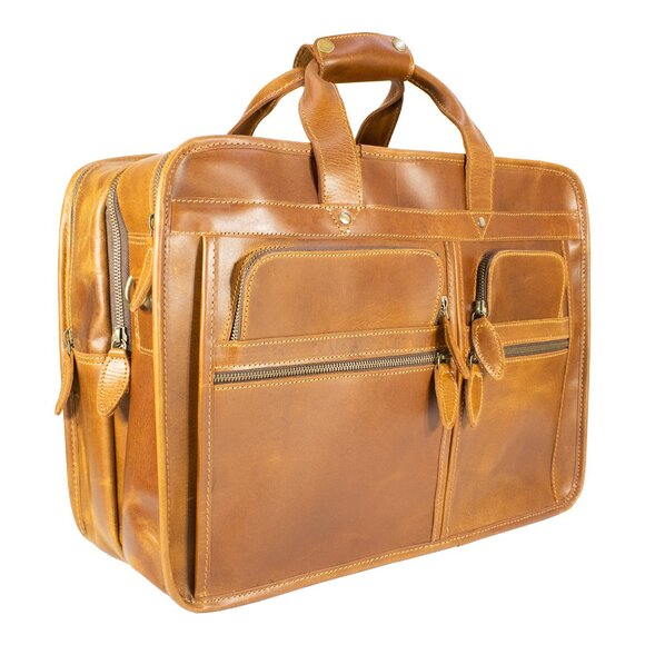 Men's Genuine Leather Vintage Weekender Bag, Briefcase Bag Satchel, Tan - Picture 6 of 15
